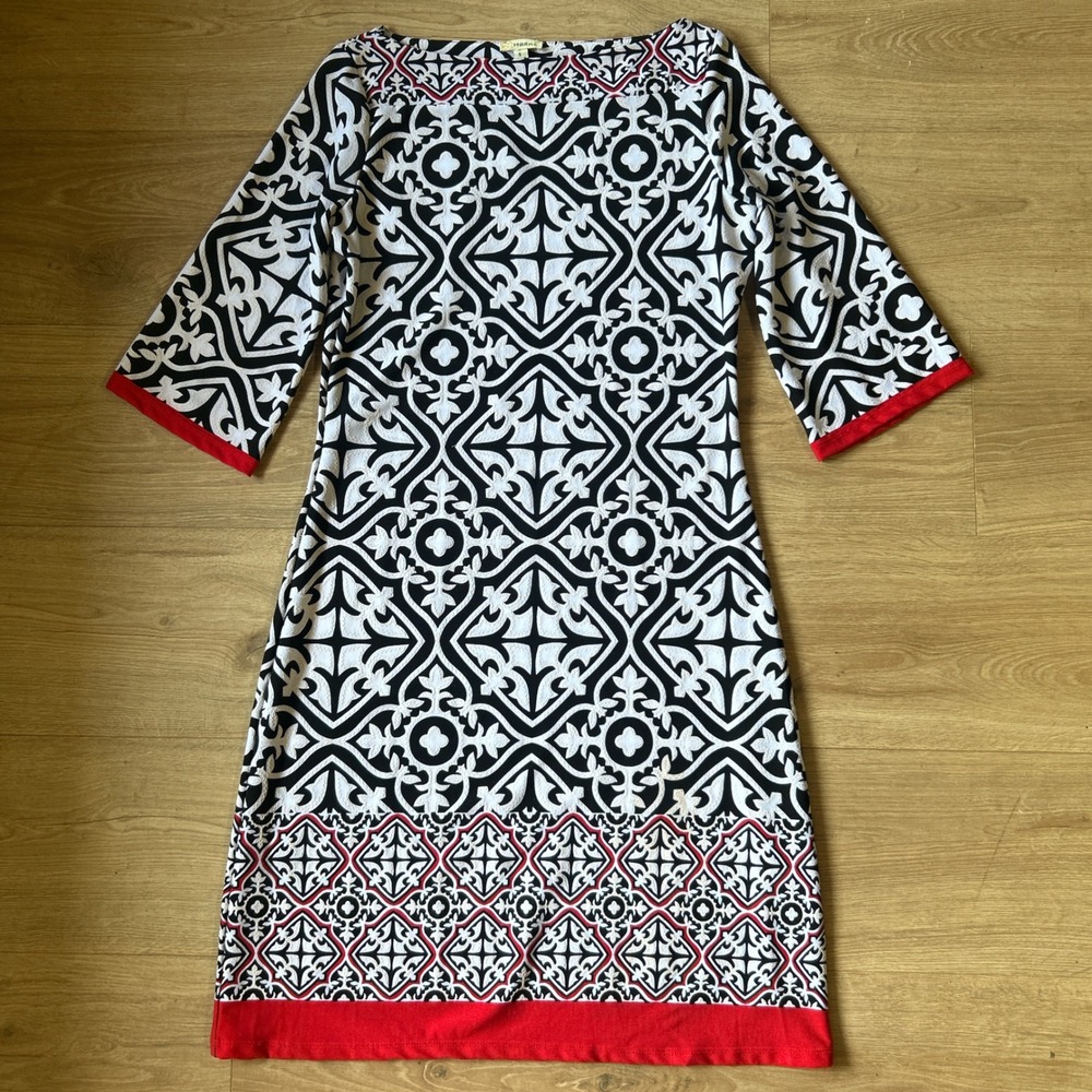 Haani Womens Black White Red Geometric Print‎ 3/4 Sleeve Dress